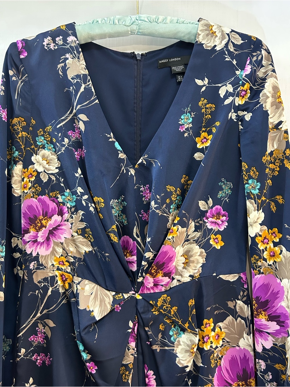 Maggy London Navy Floral Twist-Front Midi Dress with Purple & Cream Blooms - Picture 3 of 8
